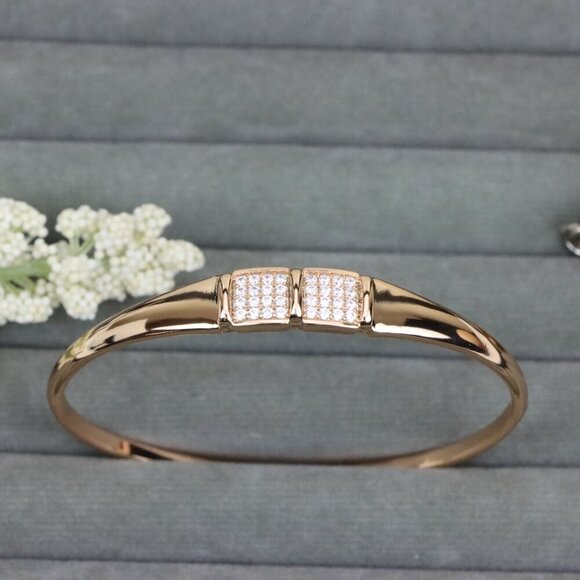 Elegant Rose Gold Bangle with Twin Pave Diamond Accent Detailing, XPBL0513 - Picture 1 of 12